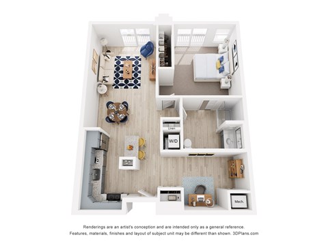 Floor plan for 1 bed, 1 bath, 865 sqft